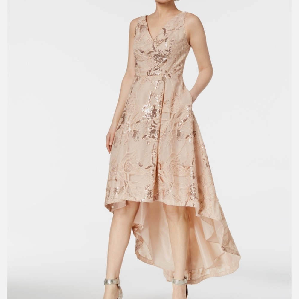 Elegant Sequin Lace High-Low Dress by Calvin Klein